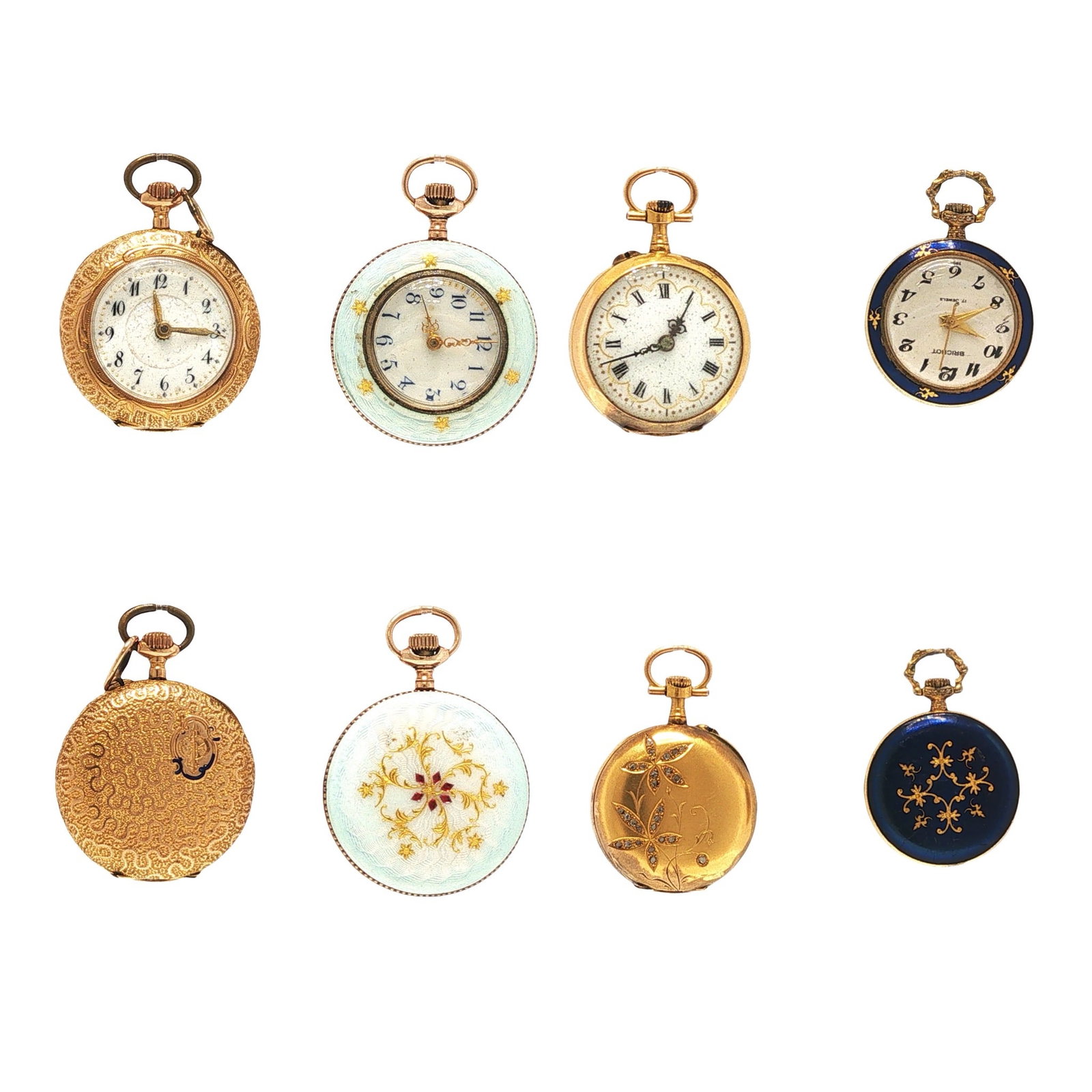A GROUP OF FOUR 14K GOLD AND ENAMELED MINIATURE POCKET WATCHES (1 of 9)