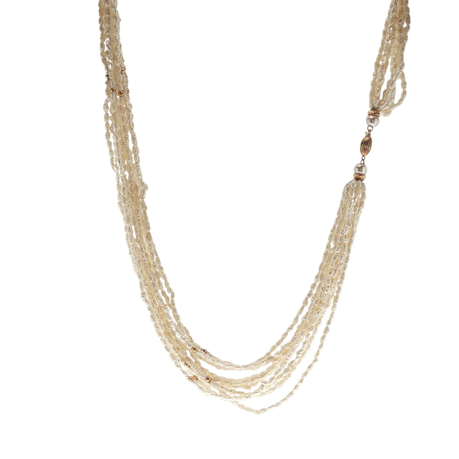 14K GOLD FRESHWATER PEARL BEAD MULTI-STRAND NECKLACE: 14K GOLD FRESHWATER PEARL BEAD MULTI-STRAND NECKLACE Designed as multiple strands of freshwater seed pearls, accented with 14K gold beads and completed by a decorative 14K gold clasp with pearl accent