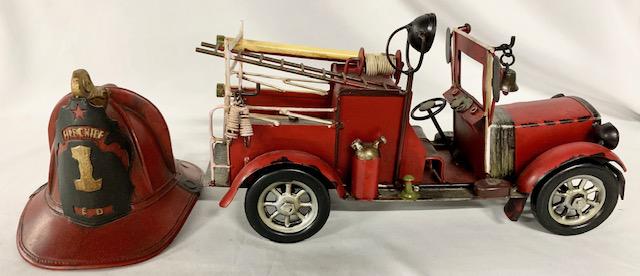 Decorator Metal Fire Truck And Helmet: Decorator Metal Fire Truck And Helmet Fire Truck Aprox 13" L X 6 1/2" T X 4 1/2" W Helmet 7" L X 5 1/4" T See Photo's For A Better Idea Of Description And Condition