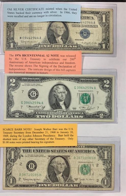 Collection Of Paper Money: 1976 Bicentennial $2 Note Scarce Barr Note Old Silver Certificate See Photo's For A Better Idea Of Description And Condition