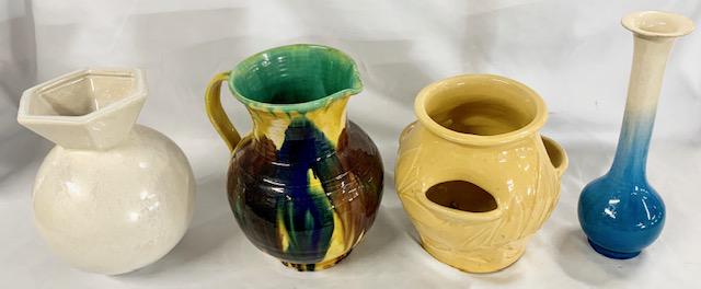 4 Pieces Of Assorted Pottery: 4 Pieces Of Assorted Pottery Multicolored Pitcher 8" Blue/ White Vase 9 1/2" White Vase - Carla Peters For West Elm 7 1/2" Yellow Planter 6 1/2" See Photo's For A Better Idea Of Description And Condit