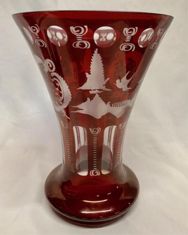 Ruby Cut To Clear/ Etched Vase Ruby Cut To Clear/: Ruby Cut To Clear/ Etched Vase Etched W/ House/ Church/ Trees/ Fence Aprox Size 10" T X 7 1/2" Across Photo's Are A Part Of The Description And Condition