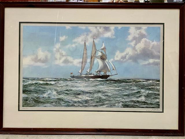 Lg Picture - " In Full Sail" Montague Dawson 1972 Large: Large Framed Picture Montague Dawson "In Full Sail" The Training Ship - Sir Winson Churchill Venture Printing 1972