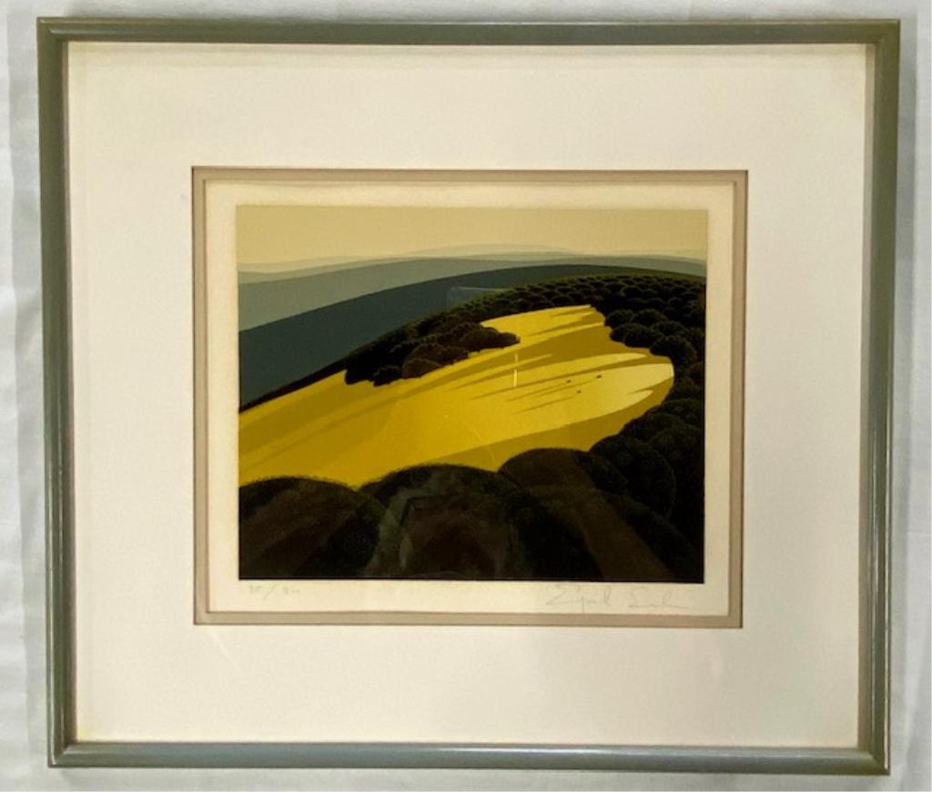 "Still Valley" Serigraph by Eyvind Earle Framed limited: Framed limited edition "Still Valley" serigraph by Eyvind Earle. Signed and numbered 95 out of a series of 300 Framed behind acrylic Apx Size 15 1/4 T x 17 1/4" W