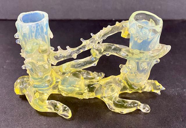 Cactus Victorian Vaseline Glass Double Vase: Vaseline Glass Double Vase with Cactus Look Victorian - Possibly John Walsh Damage on one end? Photo's are considered a part of the description and condition.