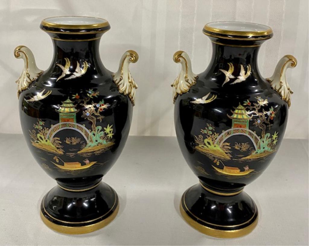 Pair of Hand Painted Noritake Vases: Pair of Hand Painted Noritake Vases. "M" - Japan. Apx. 9" T. Photo's are considered a part of the description and condition.