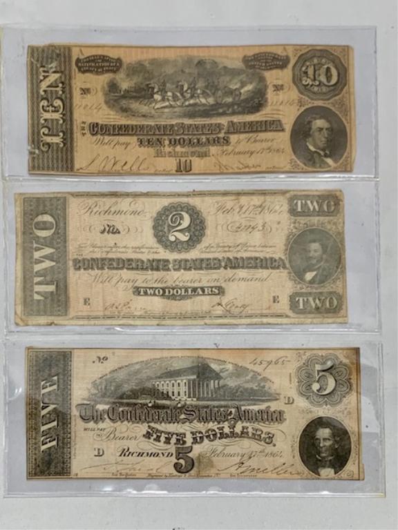 3 Confederate Money Bills: 3 Confederate Money Bills. Ten Dollar Bill. Two Dollar Bill. Five Dollar Bill. Photo's are considered part of the