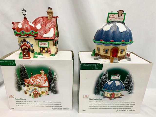 North Pole Series: North Pole Series Dept 56 Houses. "Custom Stitchers", "Tillie's Tiny Cup Café" plus 2 accessories "Christmas Bell Choir" and "No Two Alike"