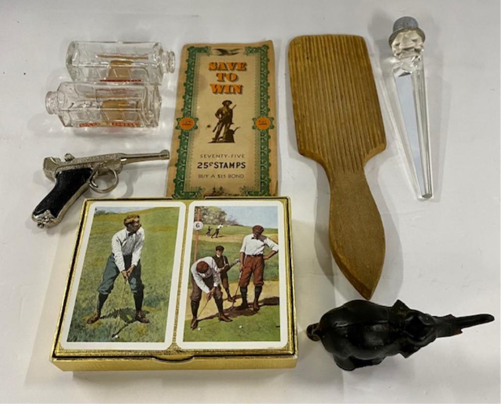 8 Piece Vintage Collectable Lot: 8 Piece Vintage Collectable Lot: *Glass Stopper. *2 Liqueur Train Bottles. *Bond Stamp Book. *Butter Paddle.