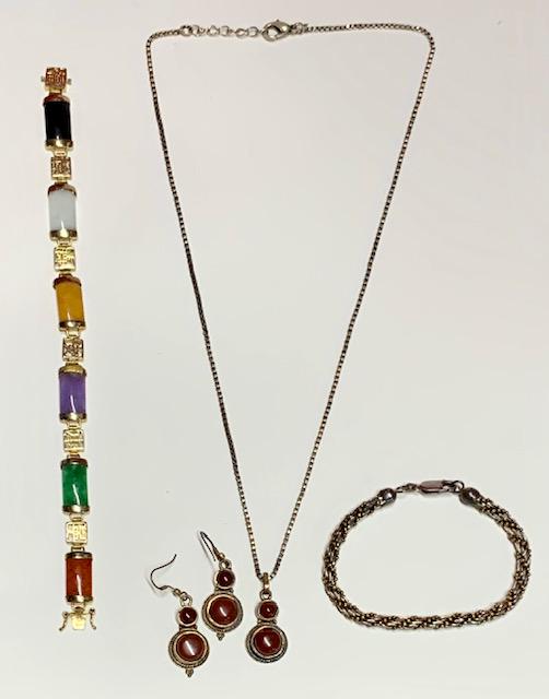 Carnelian Necklace/Earrings & 2 Bracelets: 20" Carnelian Necklace and matching Earrings. 7.5" Sterling Bracelet. 7.5" Multi-Stone Bracelet. Photo's are considered part of the description and condition.