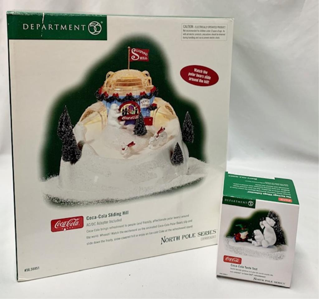 Dept 56 North Pole Series "Coca-Cola Sliding Hill: Dept. 56 - North Pole Series 2 Pc. *"Coca-Cola Sliding Hill". *"Coca-Cola Taste Test". Missing one tree. Photo's are considered part of the
