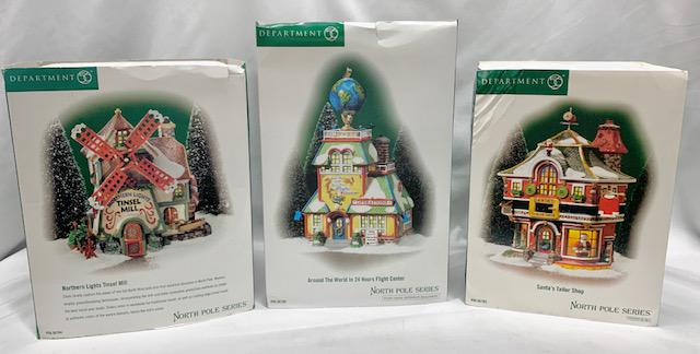 Dept 56 - North Pole Series 3 Pieces: Dept. 56 - North Pole Series 3 Pieces. *Santa's Tailor Shop. *Northern Lights Tinsel Mill. *Around the World in 24 Hours Flight Center. Pictures are considered part of the