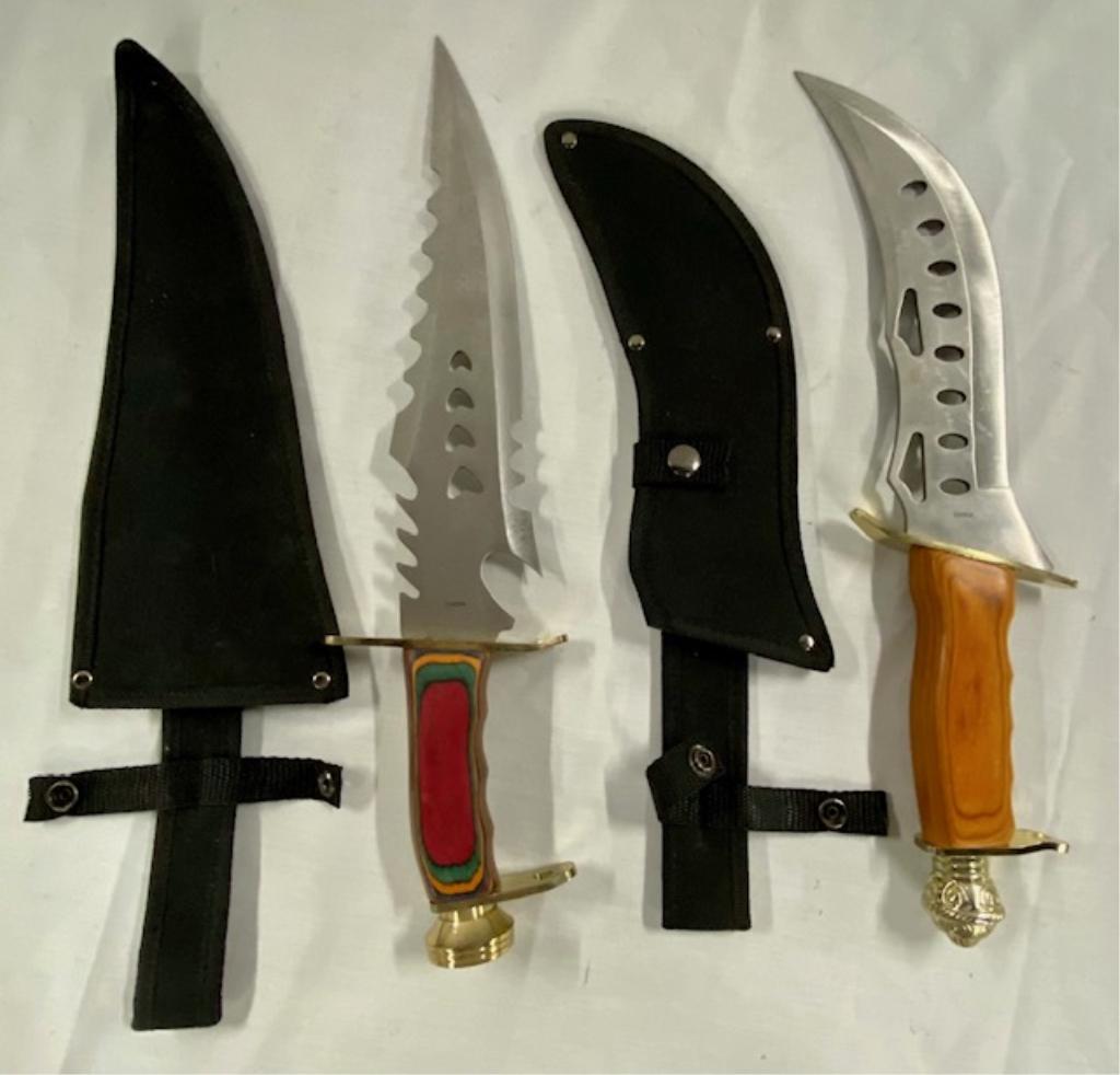 2 Knives w/Sheaths - Chipaway & Frost: 2 Knives with Sheaths. Light Colored - Chipaway Cutlery - 16" - In Sheath. Colorful Handle - Frost Cutlery - 16 1/2" - In Sheath.