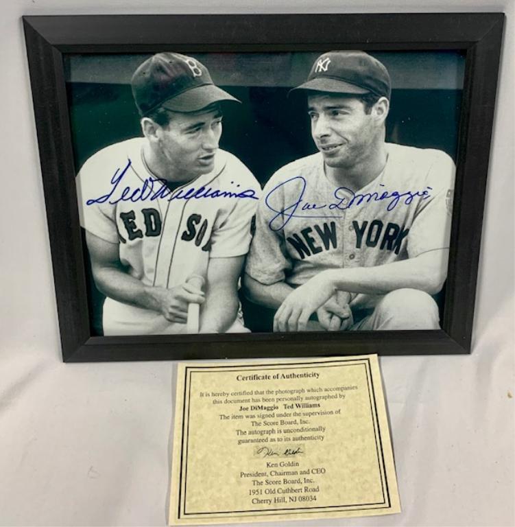 DiMaggio / Williams Signed Photo w/COA: Joe DiMaggio and Ted Williams Signed 8 x 10" Photo with COA. Framed behind Acrylic. Photo's are considered part of the
