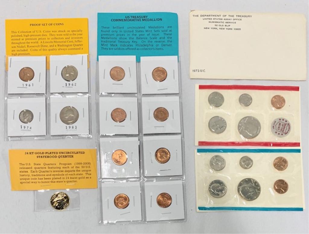 Assorted Collectable Coins: Assorted Collectable Coins. 24K Gold Plated Uncirculat3ed Statehood Quarter. 8 US Treasury Commemorative Medallion. 11 Pc Bureau of the Mint Set.