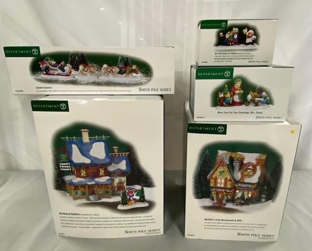 Dept 56 North Pole Series Village 5 Pieces: Dept. 56 - North Pole Series *Northwind Knitters. *McElfin's Irish Restaurant & Gifts. *More Yarn For Your Stockings, Mrs. Claus. *An Irish Cheer for Santa.