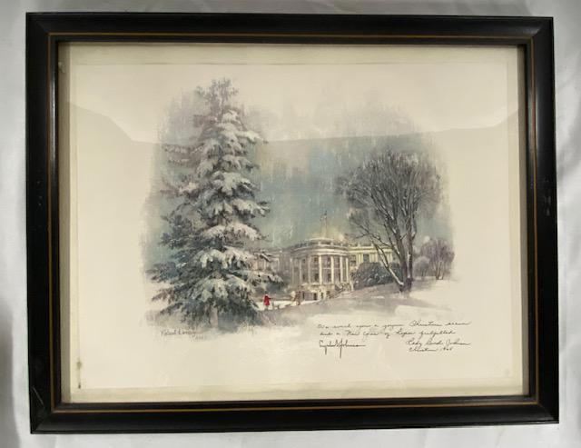 1965 White House Christmas Card Framed Gift Print: White House Christmas Card Framed Gift Print. Original Artwork by Robert Laessig. Printed inscription by Lady Bird Johnson & Lyndon Johnson. December 1965.