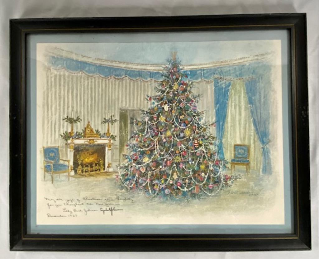 1967 White House Christmas Card Framed Gift Print: White House Christmas Card Framed Gift Print. Original Artwork by Robert Laessig. Printed inscription by Lady Bird Johnson & Lyndon Johnson. December 1967.