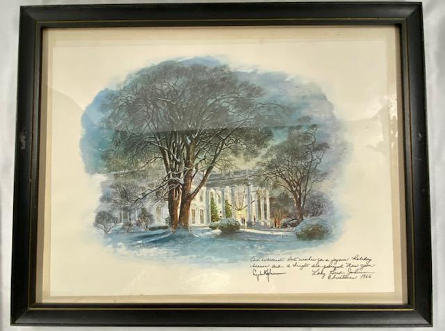 1966 White House Christmas Card Framed Gift Print: White House Christmas Card Framed Gift Print. Original Artwork by Robert Laessig. Printed inscription by Lady Bird Johnson & Lyndon Johnson. December 1966.