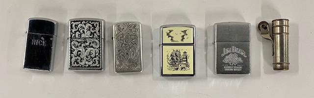 6 Assorted Lighters - Zippo, Park: 6 Assorted Lighters. 4 Zippos *Sailboat & Lighthouse *Jim Beam. *Scroll Design.