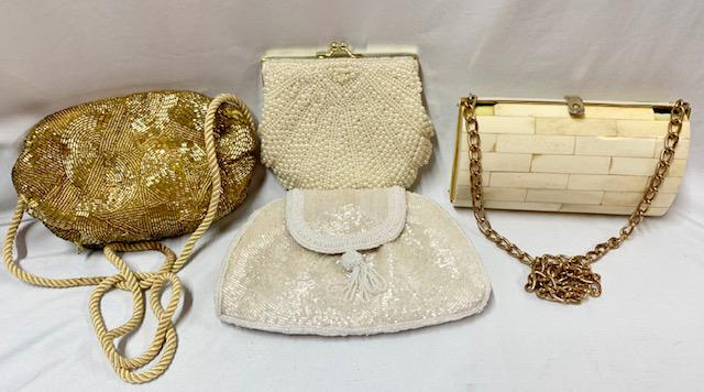 4 Vintage Handbags: 4 Vintage Handbags. *Delill - Iridescent Beads. *LaRegale - Pearl Beaded. *Made in China - Gold Beads. *Silk Lined Plastic Purse.