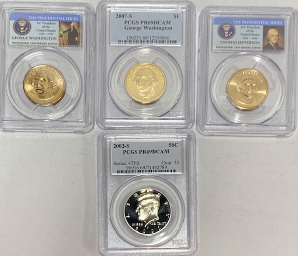 4 Collectable Coins: 4 Collectable Coins. *2007 P - George Washington First Day of Issue $1 Coin. *2007D - Thomas Jefferson First Day of Issue $1 Coin.