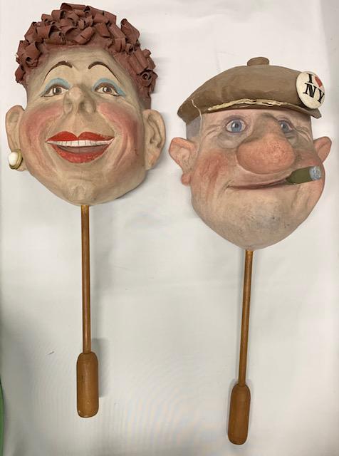 Pr Vintage Paper Machete Masks Signed: Pr Vintage Paper Machete Masks Signed. On Wood Stick with Handle. Life Size. Signed Rixford '87 on both. Man and Woman -- Both are very realistically