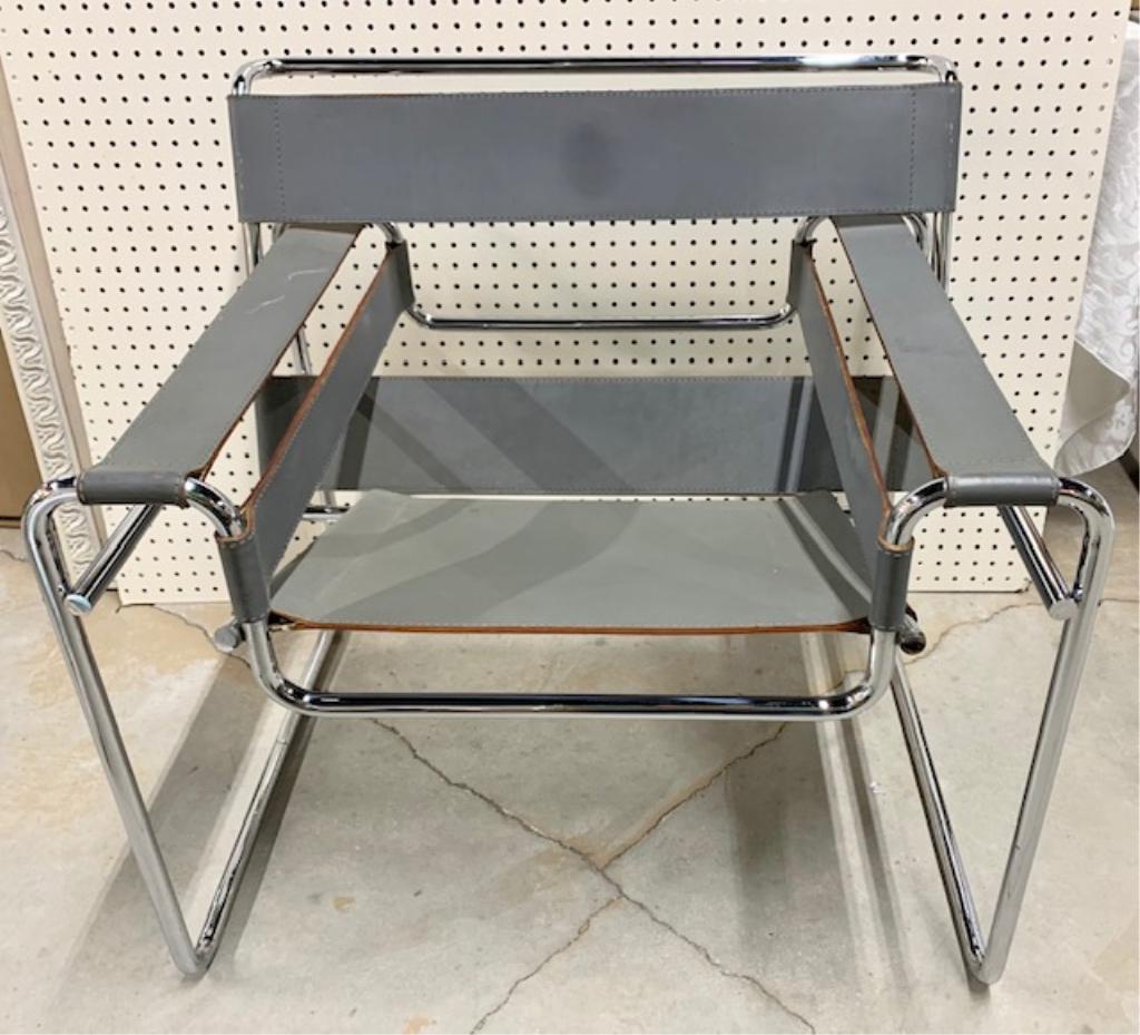 Knoll Wassily Style Chrome Chair: Knoll Wassily Style Chrome & Leather Chair. No Makers Label. Apx. 30 1/2" W x 26" D x 29" T. Photo's are considered part of the description and condition.