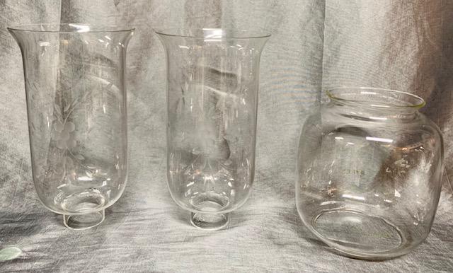 3 Glass Globes/Chimney- Coleman and Pr. Etched: 3 Glass Globes/Chimney- Coleman and Pair of Etched . *Pair of Etched Candle Globes Apx. 8" H. with 1 1/2" bottom rim. *Coleman Lantern Globe marked Pyrex. Apx. 6"