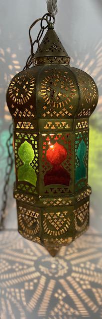 Pierced Metal Stained Glass Hanging Lamp: Pierced Metal Stained Glass Hanging Lamp. Apx. 23" H x 8" W. Photo's are considered part of the description and condition.