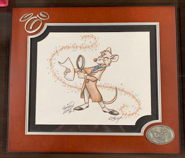 Signed Disney The Great Mouse Detective Sketch: Signed Disney Sketch Drawing - Monica Willis 2013. "The Basil of Baker Street" from The Great Mouse Detective. Framed behind acrylic in Disney Frame.
