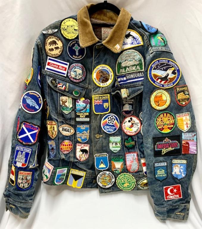 Vintage Jean Jacket Covered in Patches.: Vintage Jean Jacket Covered in Patches. Over 100 Patches Most are from Different States, Countries, and Destinations. and 6 Assorted Pins
