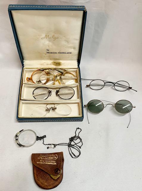 7 Pairs of Antique Glasses: 7 Pairs of Antique Glasses Parts and Pieces. 1 Pair Fold up in Leather Case Marked Hoosier Optical. Photo's are considered part of the