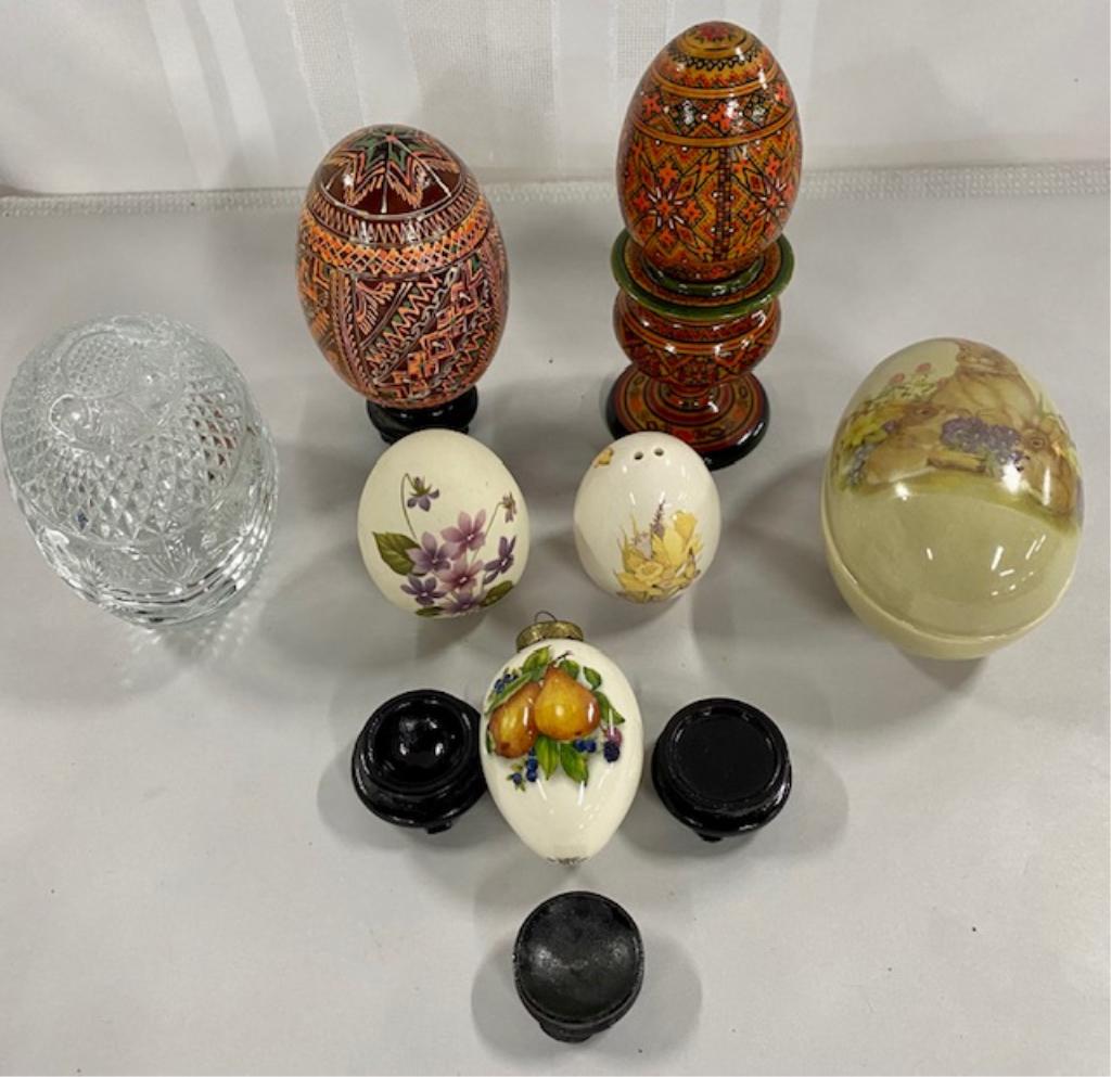 Egg Collection: Egg Collection. *Crystal 2 Piece Egg. *"The Egg Lady" Egg Ornament with Pears. *Porcelain 2 Piece Egg with Rabbit. *Stone Egg with Flowers.