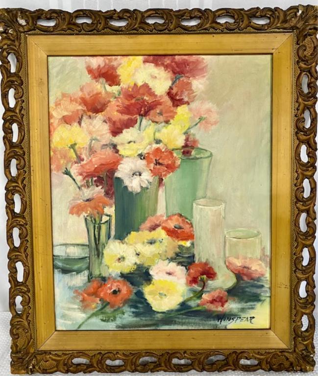 Framed Oil on Board Signed Winspear: Framed Oil on Board Signed Winspear. Flowers and Vases. Framed Size Apx. 22" W x 26" H. Some Frame Rubs. Listed? Ben Winspear? Photo's are considered part of the description and condition.