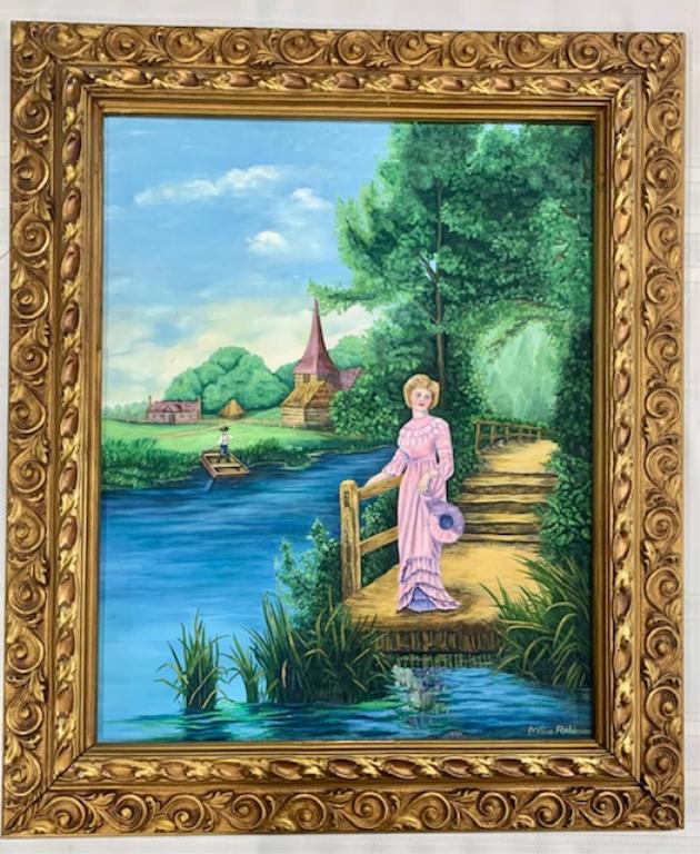 M Sue Robinson Signed Oil on Board: M Sue Robinson Signed Oil on Board. Victorian Lady Standing on Dock. Gold Frame Apx. 21" W x 25 1/2" H. Board Size Apx. 16" W x 20"H. Photo's are considered part of the description and condition.