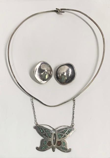 Sterling Choker Necklace and Clip Earrings: Sterling Choker with Butterfly Pendant. Pair of Sterling Clip On Earrings. Photo's are considered part of the description and condition. 108