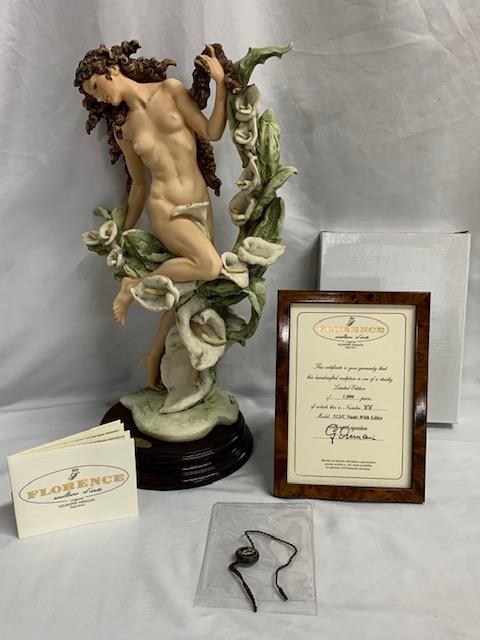 Florence Sculpture d'arte Nude with Lillies: Florence Sculpture d'arte 512/C. Nude with Lilies. Giuseppe Armani Has Framed Certificate of Authenticity. Limited Edition 77/1000. Capodimonte Mark - 1993 Florence. Paperwork Included. Original Box a