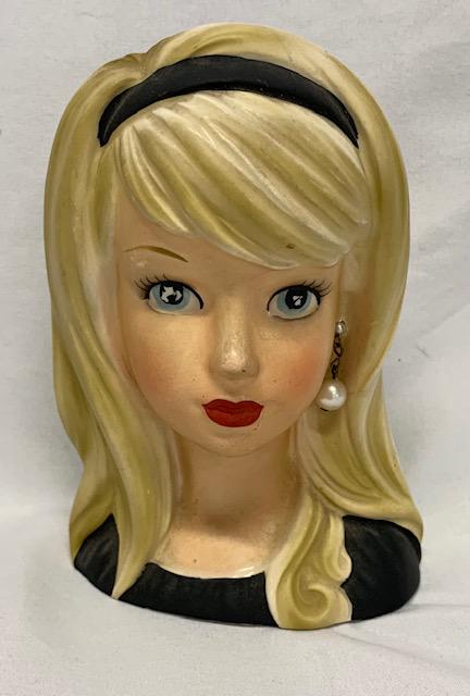 Vintage 5 1/4" Head Vase: Vintage 5 1/4" Head Vase. Black Japan Mark on Bottom. Blonde Hair - Blue Eyes - Faux Pearl Earrings. Very Good Condition - No Cracks or Chips. Photos are considered part of the description and conditi