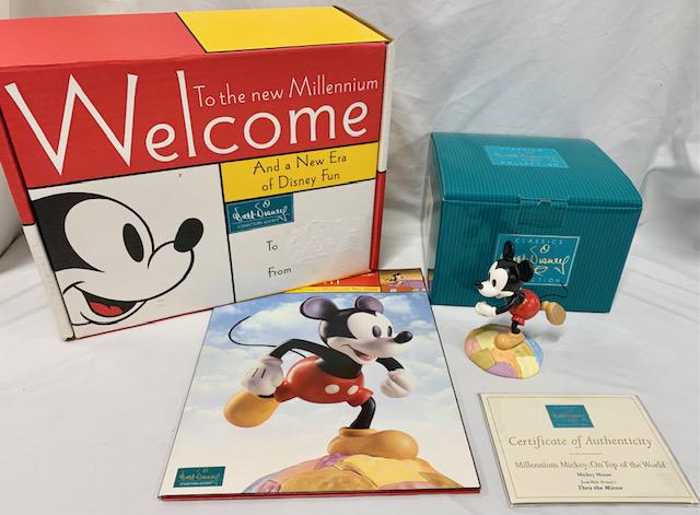 Millennium Mickey "On Top of the World" 2000: Millennium Mickey "On Top of the World" 2000. Thru the Mirror Walt Disney Collection Society Membership Sculpture. With Double Box and Membership Paperwork and COA ***Foot has been repaired. Photo's a