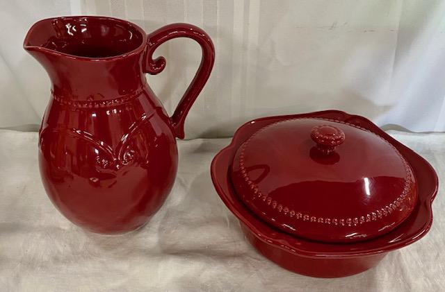 2 Pieces of Red Princess House "Pavillion": 2 Pieces of Red/Burgundy Princess House "Pavillion". *Covered Baking Dish- Oven Safe to 400 degrees - Apx. 12" L x 6 1/2" H. *Pitcher - Dishwasher Safe - Apx. 11" H. Photos are considered part of the