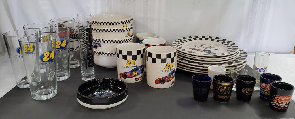 Jeff Gordon Dinnerware and NASCAR Collectables: Jeff Gordon Dinnerware and Assorted NASCAR Collectables. *14Pieces of #24 Jeff Gordon Driver Collection NASCAR 2004 Dinnerware. 4 Dinner Plates, 4 Salad Plates, 4 Bowls, and 2 Cups. *Assorted Glasses,