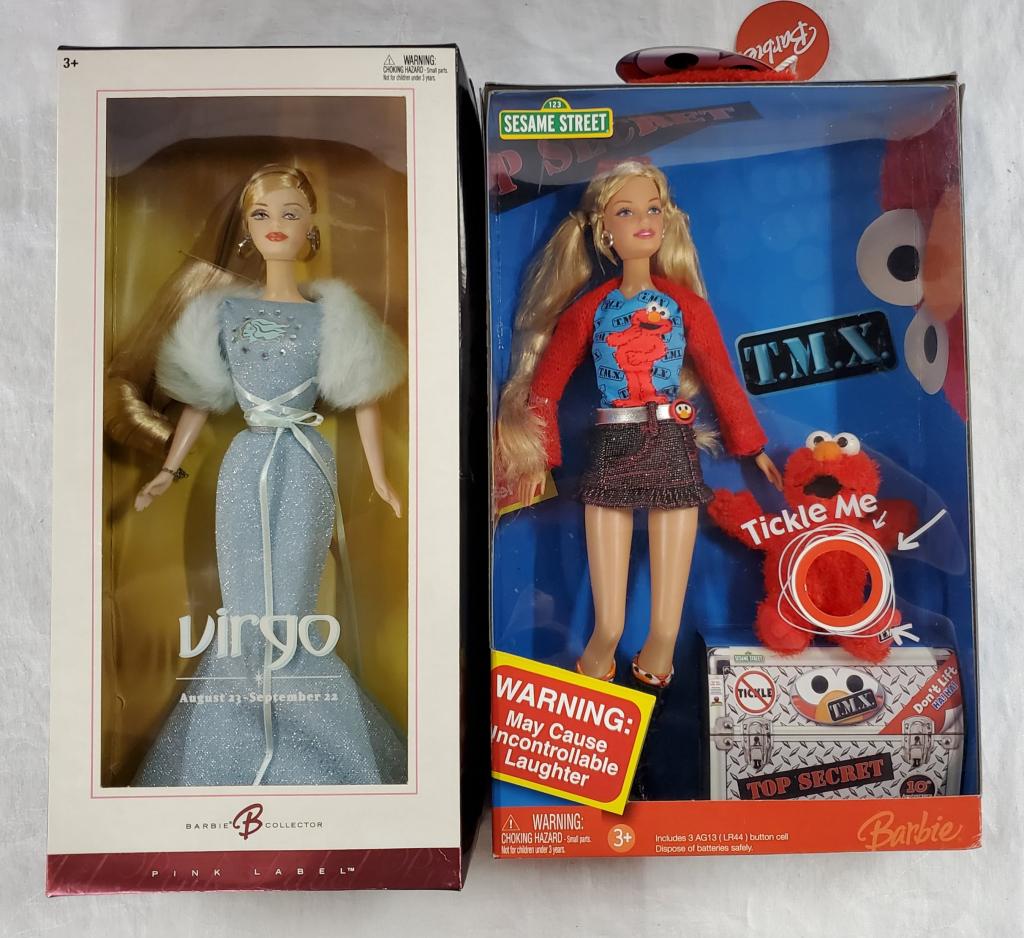 2 Collectible Barbies - Virgo & Tickle Me Elmo NIB: 2 Collectible Barbies - Virgo & Tickle Me Elmo *Sesame Street Barbie including Tickle Me Elmo. - K5499 Mattel - Box Worn. *Pink Label Barbie - Virgo - August 23-Sept. 22 #L5R3W2. - Box is worn. Photo'