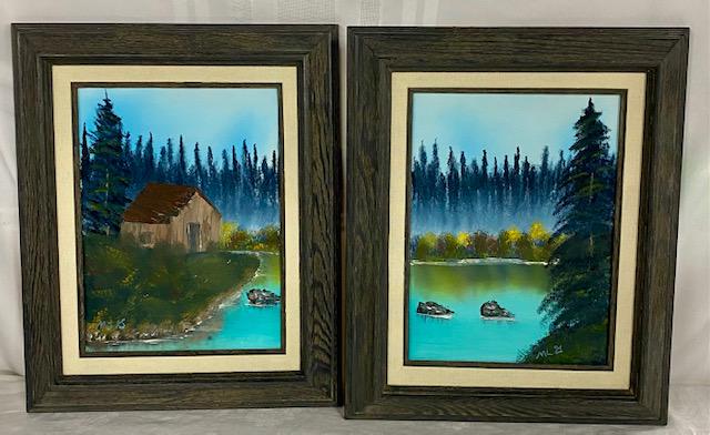 2 Small Lake Oil on Canvas Signed MLG: 2 Small Lake Oil on Canvas Signed MLG. Framed. Used Bob Ross Artist Canvas and Style. Framed Size Apx. 14" W x 17" H. Canvas Size Apx. 9" W x 12" H. Photo's are considered part of the description and