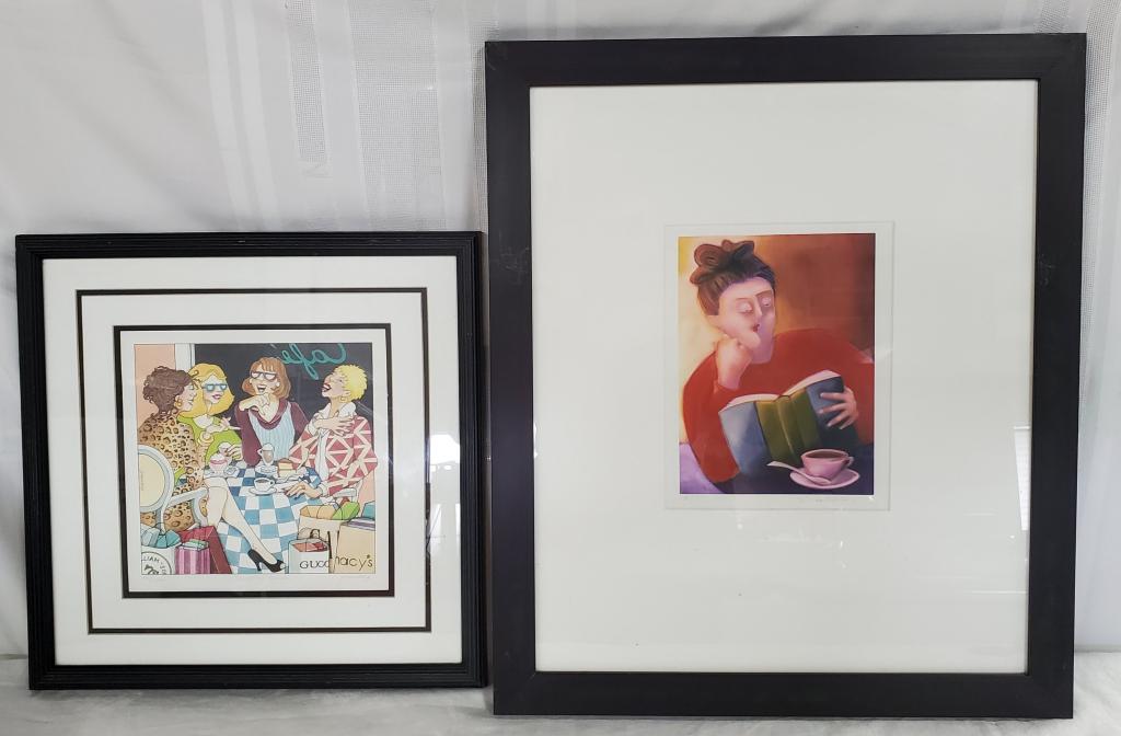 Two Signed and Numbered Prints: Two Signed Prints. *shopping Break" Signed Greenberg - 41/500 - Framed Behind Glass Apx. 15" X 15'. Frame Has Some Surface Scratches. *woman Reading Book - Signed (faded Out)- Framed Behind Glass - Ap