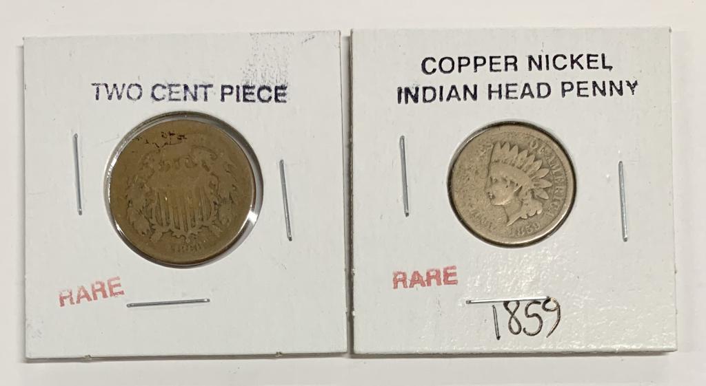 Copper&  Nickel Indian Head Penny & 2 Cent Piece (1 of 8)