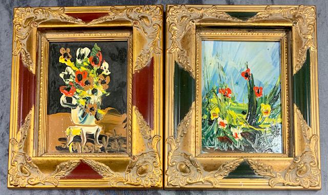 Pair of Small Morris Katz Signed Oil Paintings: Pair of Small Morris Katz Signed Oil Paintings. In Matching Frames. Apx. 8 1/2" W x 10 1/2" H. Oil on Board Apx. 5" W x 7" H. The Painting with Blue background may be dated 91. Photo's are considered 