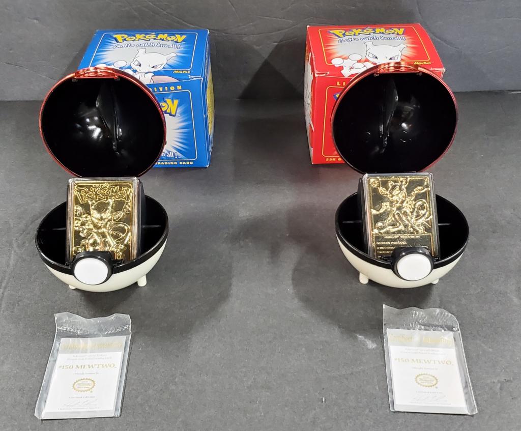 2- 1999 Pokémon Balls w/ 23k Gold Plated Cards: 2 - 1999 Pokémon Balls w/ 23k Gold Plated Cards. Both have COA's Limited Edition Pokémon. In original boxes - boxes show some wear. Photos are considered part of the description and condition.