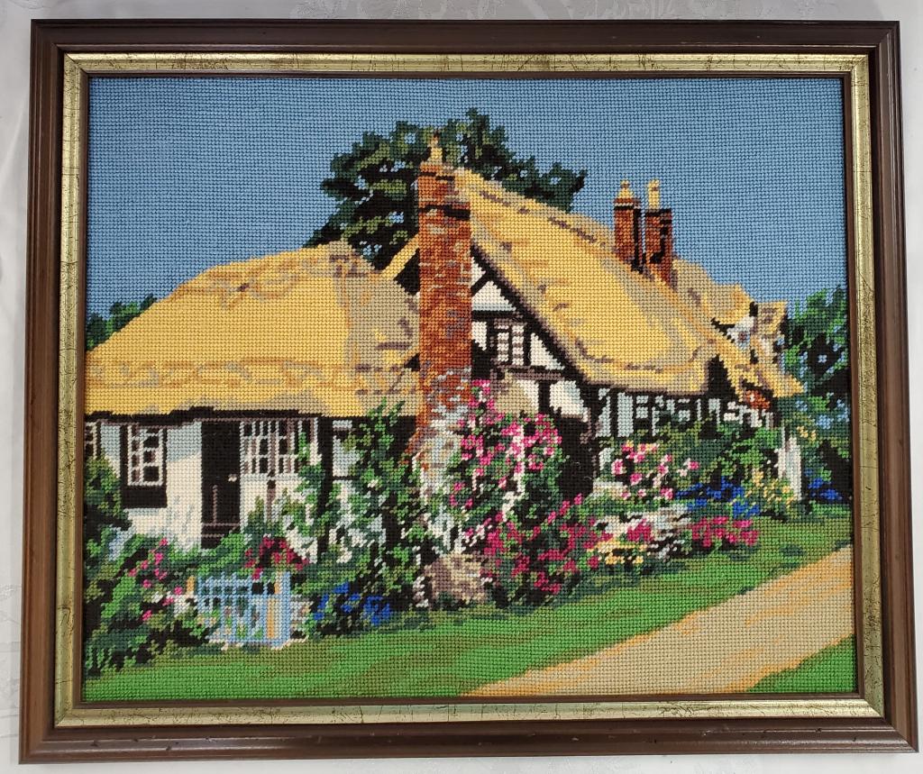Counted Cross Stitch - "Thatched Roof House": Counted Cross Stitch - "Thatched Roof House" Welford-on-Avon- England Framed. Paperwork attached on back. Framed Size Apx 24" W x 20" H. Photo's are considered part of the description and condition.
