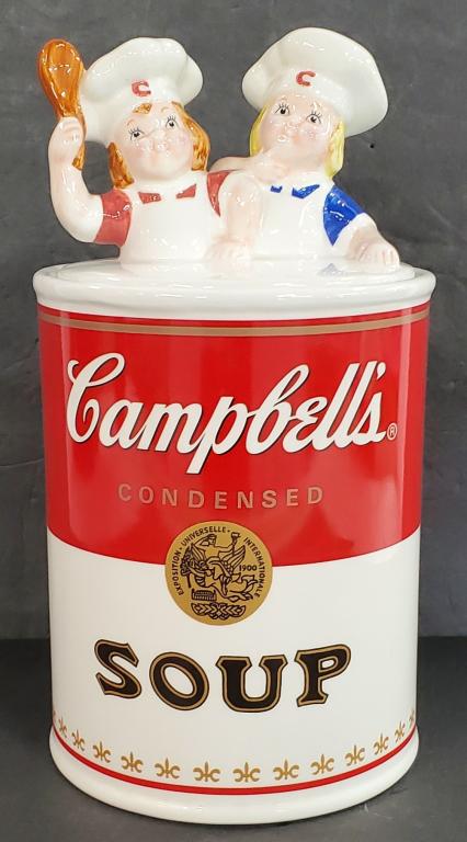 1998 Campbell Soup Cookie Jar: 1998 Campbell Soup Cookie Jar. Benjamin & Medwin, Inc. No Chips or Cracks. Apx. 12" H. Photos are considered part of the description and condition.
